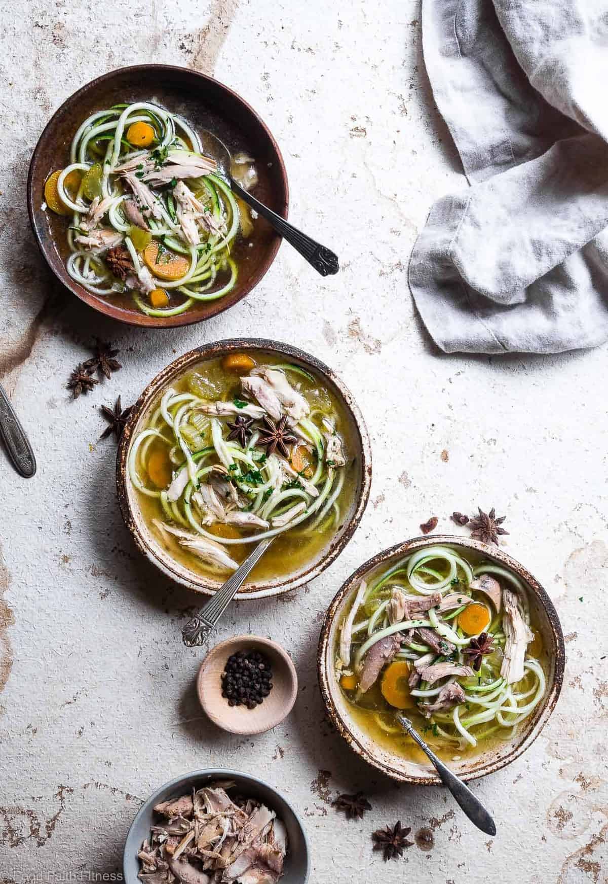 Low carb Chicken Zoodle Soup - This easy homemade healthy keto Chicken Zoodle Soup uses zucchini noodles so it's gluten free, low carb, paleo, whole30 AND packed with protein! You won't miss the noodles! | #Foodfaithfitness | #Glutenfree #Lowcarb #Keto #Whole30 #Paleo Low carb Chicken Zucchini Noodle Soup - This easy homemade healthy keto Chicken Zoodle Soup uses zucchini noodles so it's gluten free, low carb, paleo, whole30 AND packed with protein! You won't miss the noodles! | #Foodfaithfitness | #Glutenfree #Lowcarb #Keto #Whole30 #Paleo