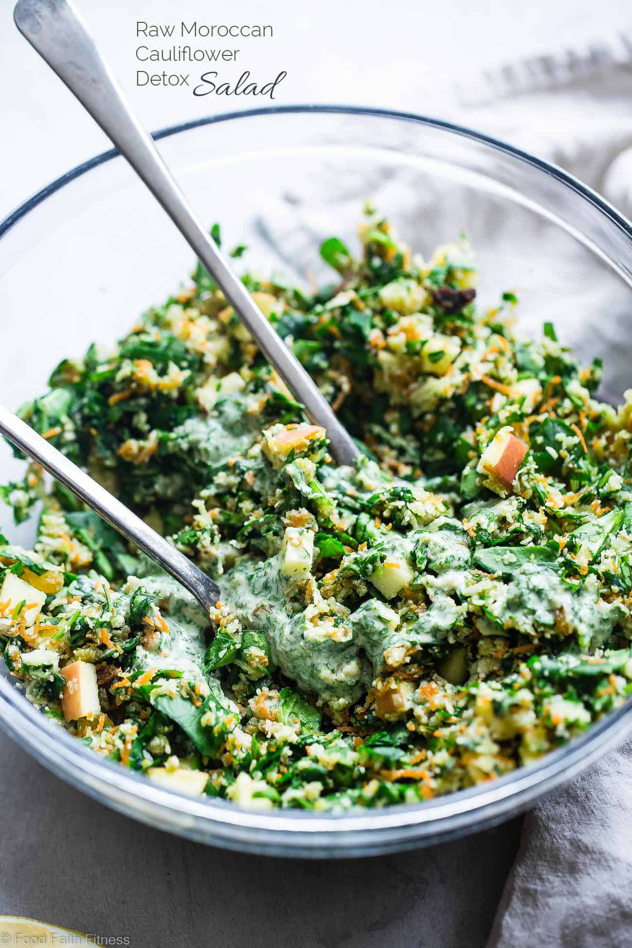 Moroccan Grated Raw Cauliflower Detox Salad - This veggie packed salad is a gluten/grain/dairy/sugar free salad with sweet and spicy, bold flavor! Paleo, vegan and whole30 compliant and perfect for meal prep! | Foodfaithfitness.com | @FoodfaithFit