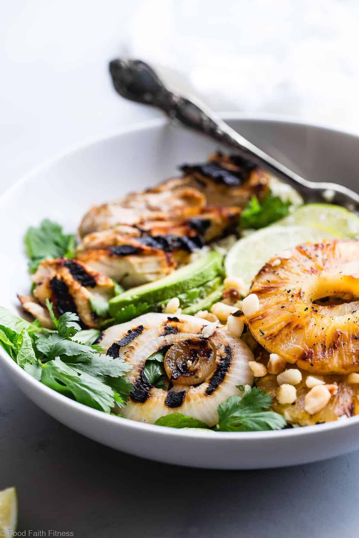 Grilled Tropical Chicken Bowls - These paleo and whole30 compliant Grilled Tropical Chicken bowls are an easy, healthy and gluten free weeknight dinner loaded with sweet and tangy island flavors! Sure to be a crowd pleaser! | #Foodfaithfitness | #Paleo #Whole30 #Glutenfree #Healthy #Chickendinner