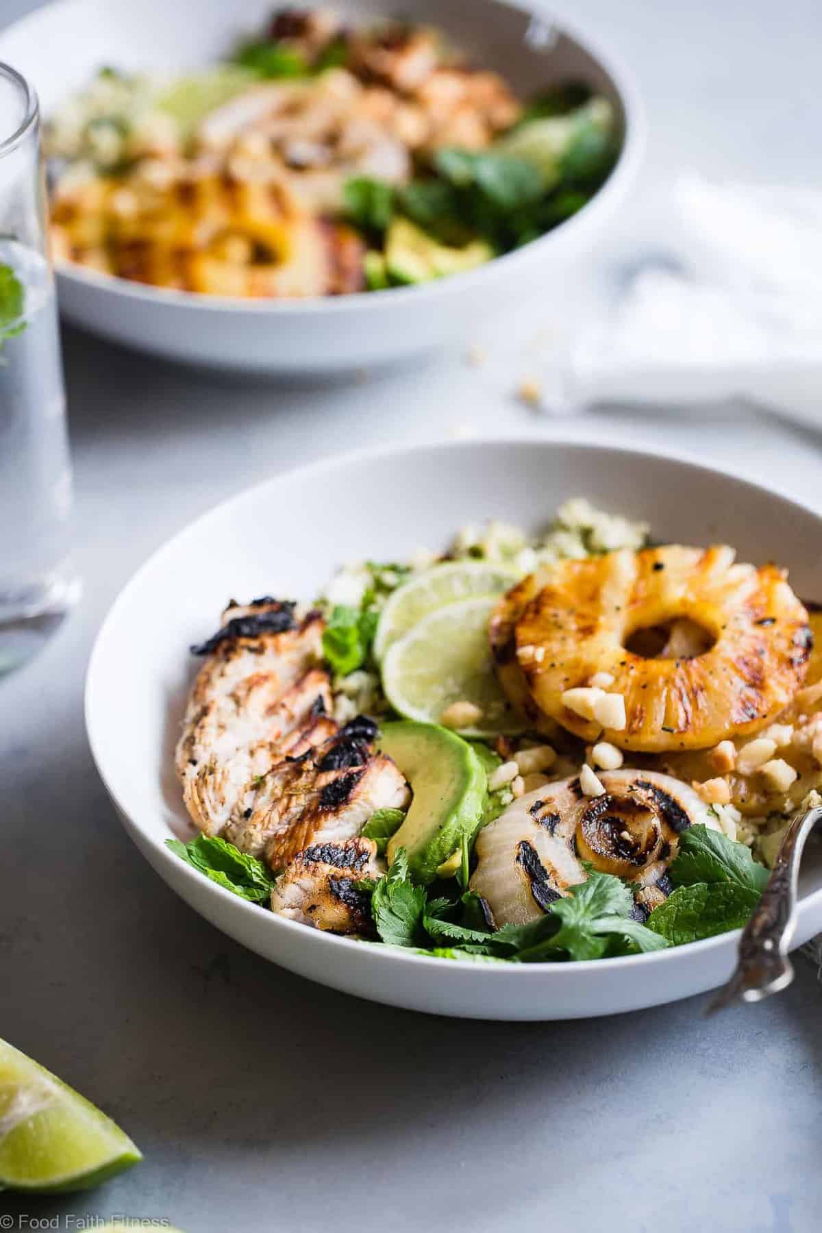 Grilled Tropical Chicken Bowls - These paleo and whole30 compliant Grilled Tropical Chicken bowls are an easy, healthy and gluten free weeknight dinner loaded with sweet and tangy island flavors! Sure to be a crowd pleaser! | #Foodfaithfitness | #Paleo #Whole30 #Glutenfree #Healthy #Chickendinner