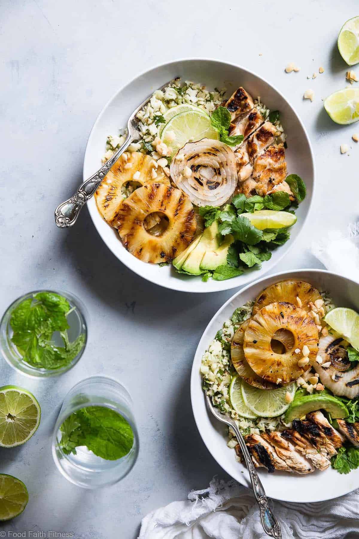 Grilled Tropical Chicken Bowls - These paleo and whole30 compliant Grilled Tropical Chicken bowls are an easy, healthy and gluten free weeknight dinner loaded with sweet and tangy island flavors! Sure to be a crowd pleaser! | #Foodfaithfitness | #Paleo #Whole30 #Glutenfree #Healthy #Chickendinner