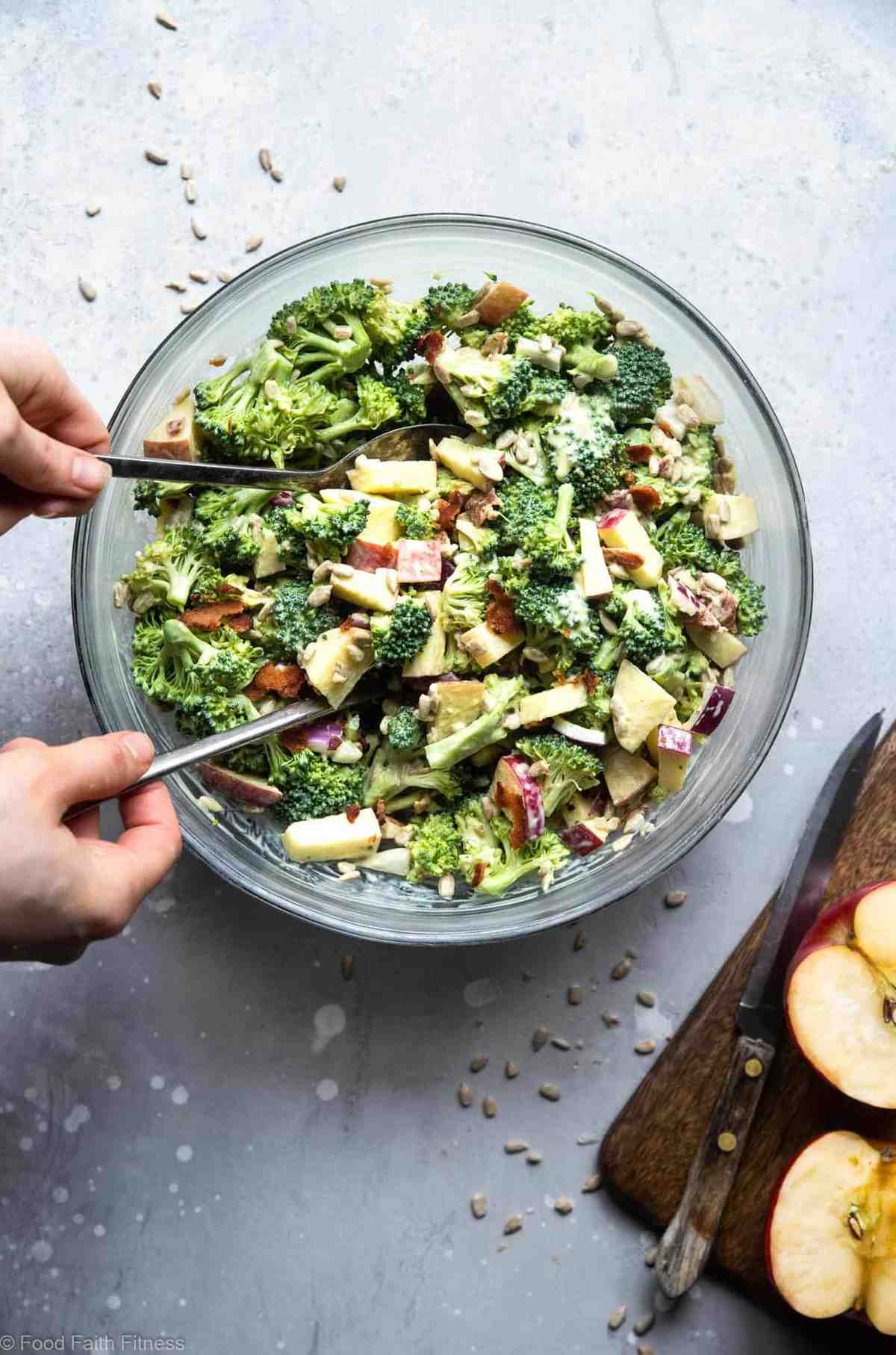 Honey Mustard Broccoli Apple Salad with Greek Yogurt - An easy, gluten free and healthy side dish that even kids will like! It's protein packed and makes great leftovers! | #Foodfaithfitness | #Glutenfree #Grainfree #Healthy #GreekYogurt