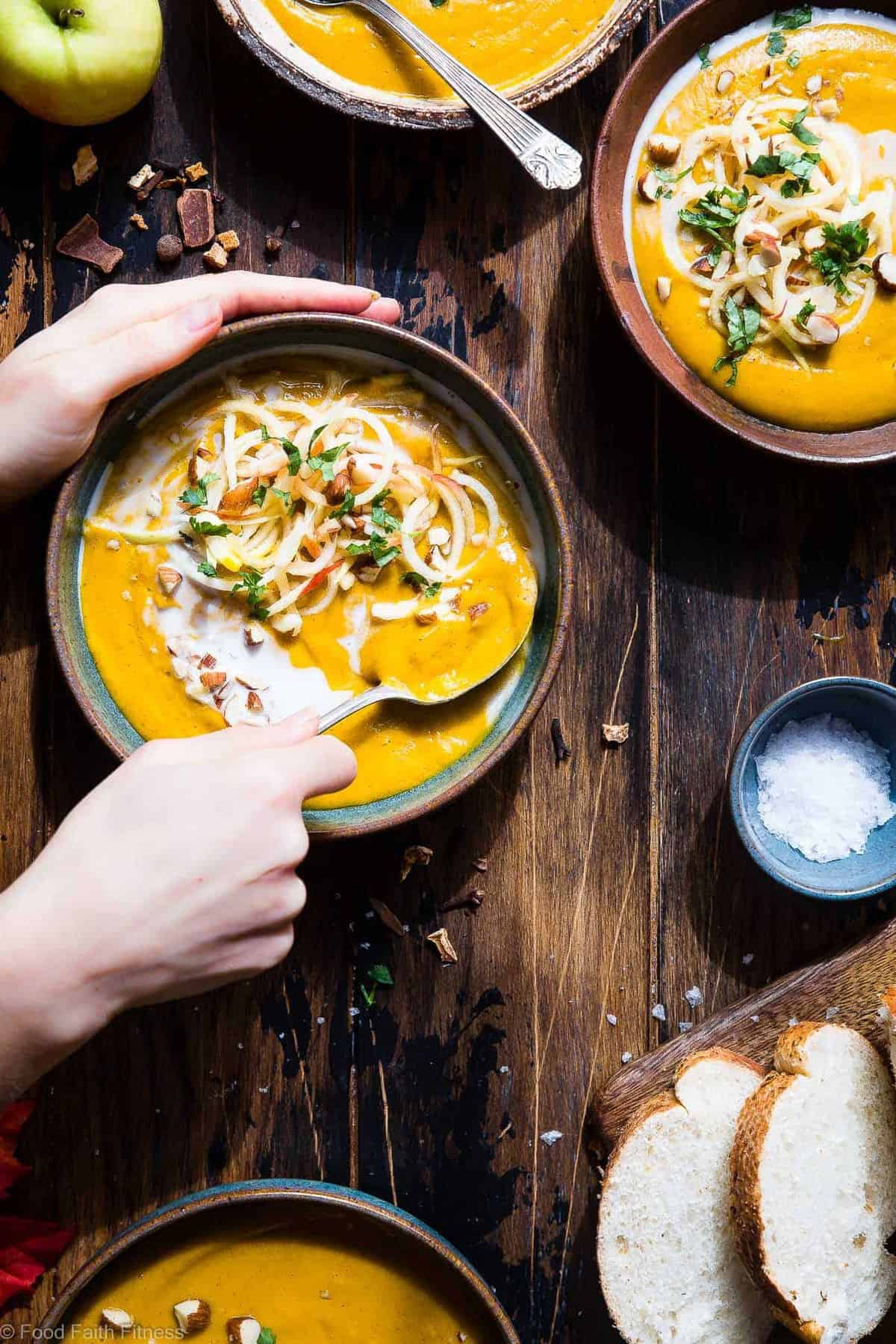 Slow Cooker Creamy Fall Vegan Sweet Potato Soup - this healthy sweet potato soup is made in the slow cooker for an EASY weeknight dinner that is loaded with spicy-sweet, cozy flavor! Gluten free, paleo and SO creamy and delicious! | #Foodfaithfitness | #Paleo #Glutenfree #Vegan #Dairyfree #slowcooker Slow Cooker Creamy Fall Vegan Sweet Potato Soup - this healthy slow cooker sweet potato soup recipe is made in the crock pot for an EASY weeknight dinner that is loaded with spicy-sweet, cozy flavor! Gluten free, paleo and SO creamy and delicious! | #Foodfaithfitness | #Paleo #Glutenfree #Vegan #Dairyfree #slowcooker