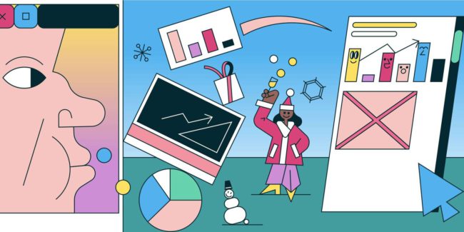 colorful line illustration of holiday gifts and marketing charts