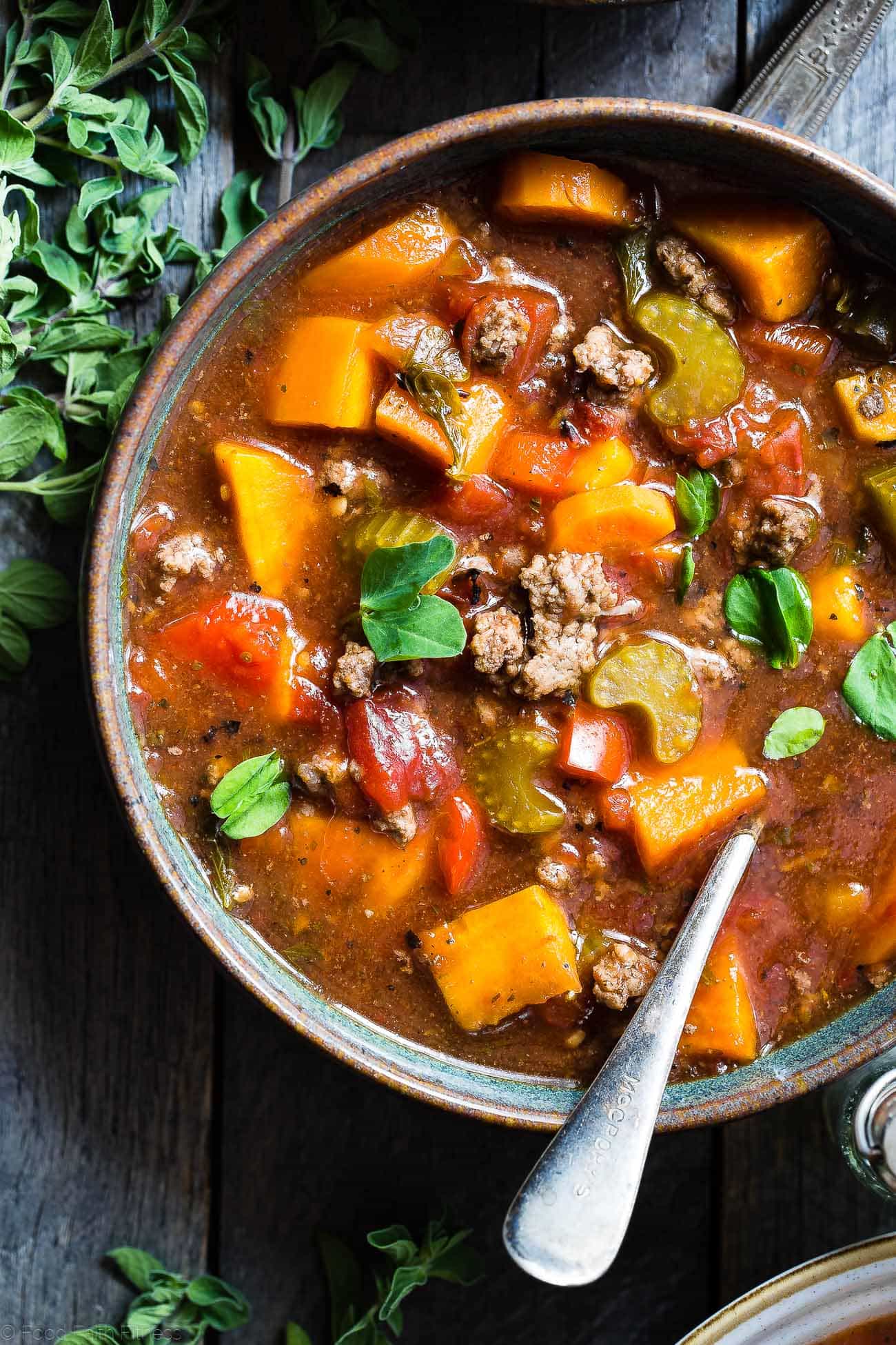 Paleo Slow Cooker Hamburger Soup - This easy, healthy hamburger soup is made in the slow cooker and is a grain/dairy/sugar/gluten free and whole30 dinner that the whole family will love! Makes great leftovers too! | Foodfaithfitness.com | @FoodFaithFit