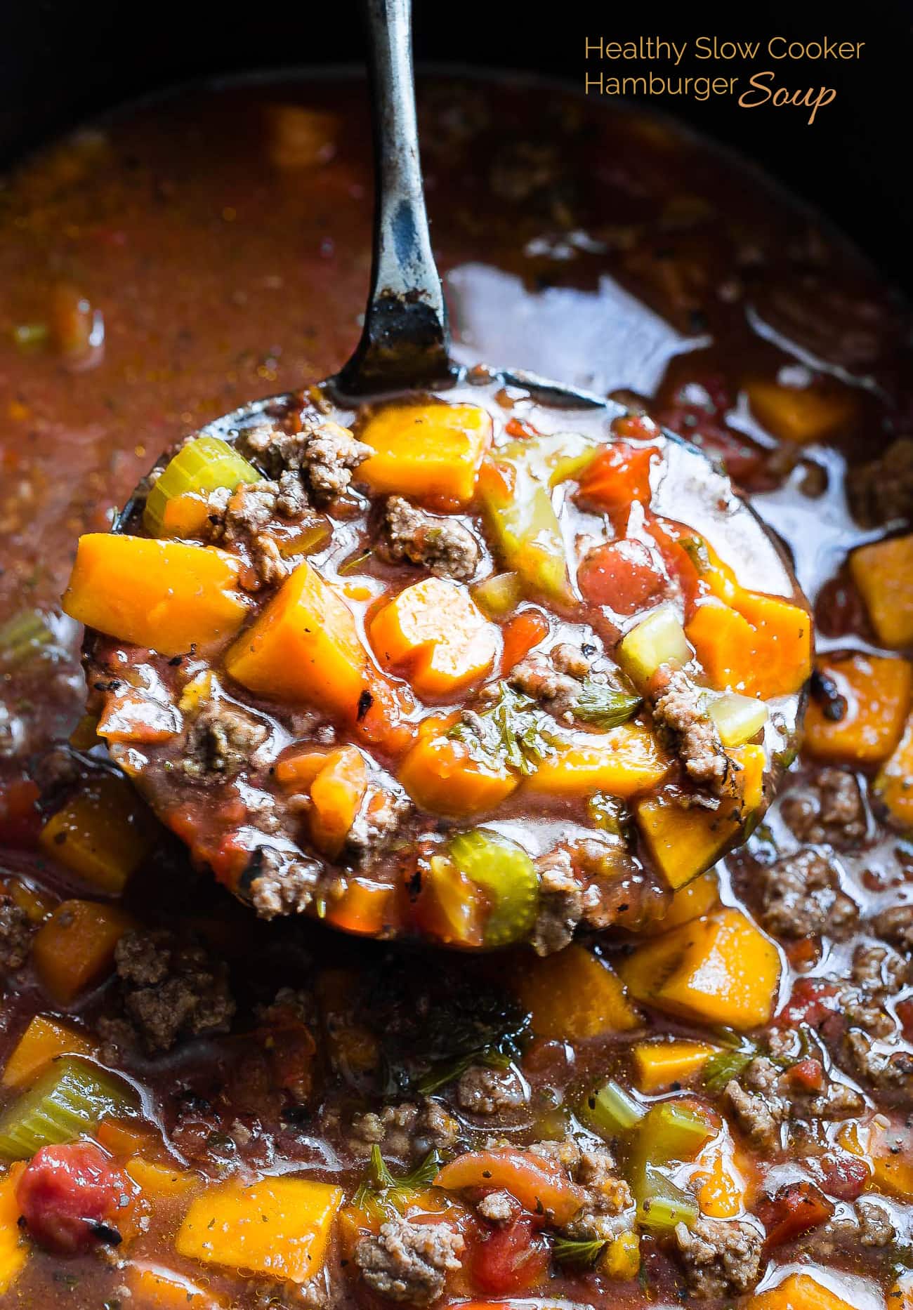 Paleo Slow Cooker Hamburger Soup - This easy, healthy hamburger soup is made in the slow cooker and is a grain/dairy/sugar/gluten free and whole30 dinner that the whole family will love! Makes great leftovers too! | Foodfaithfitness.com | @FoodFaithFit