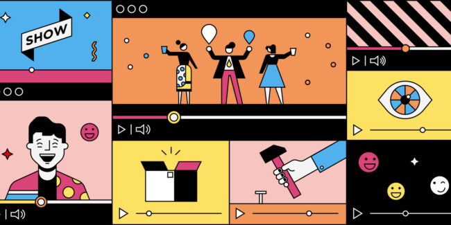 Colourful line of illustrations which reads YouTube Marketing