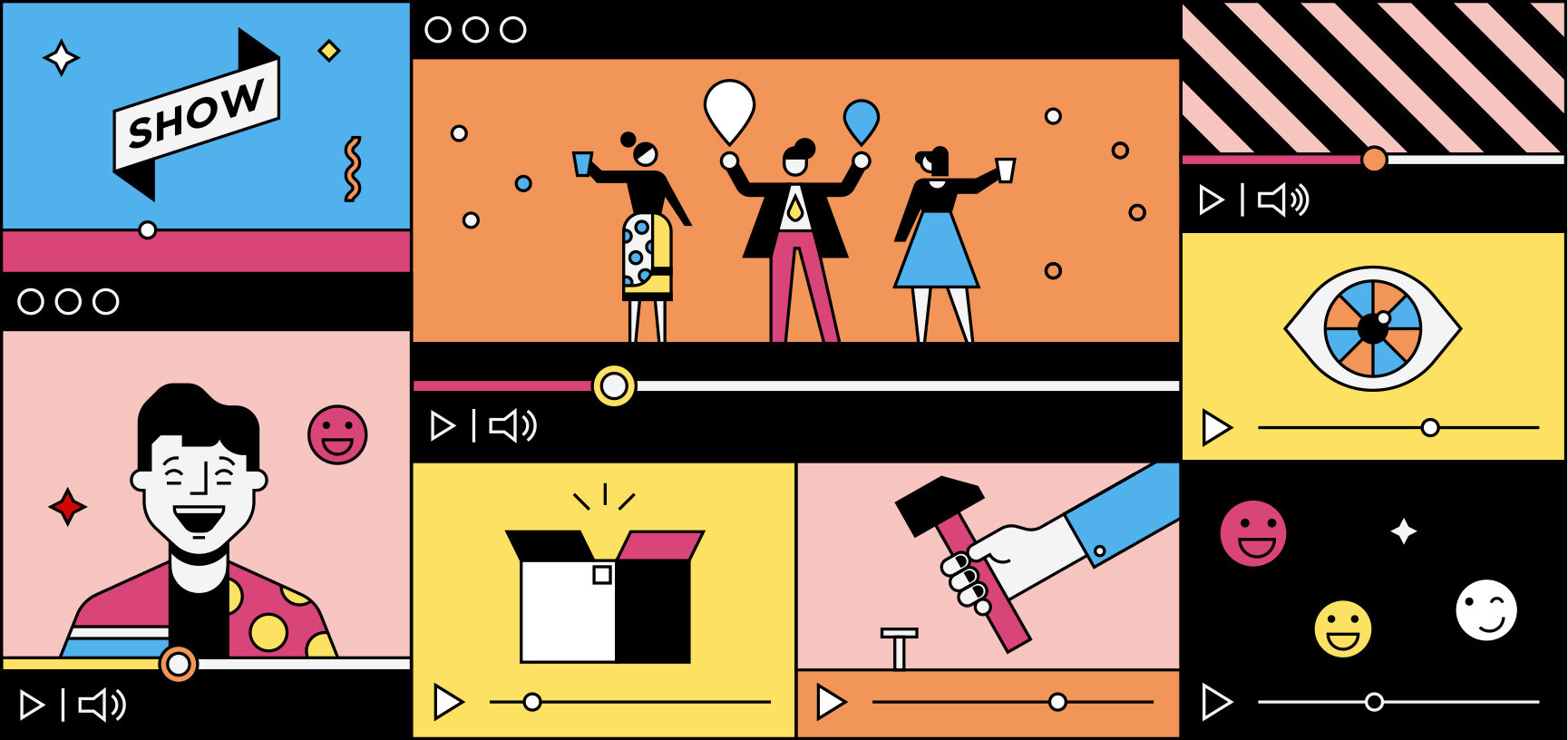 Colourful line of illustrations which reads YouTube Marketing