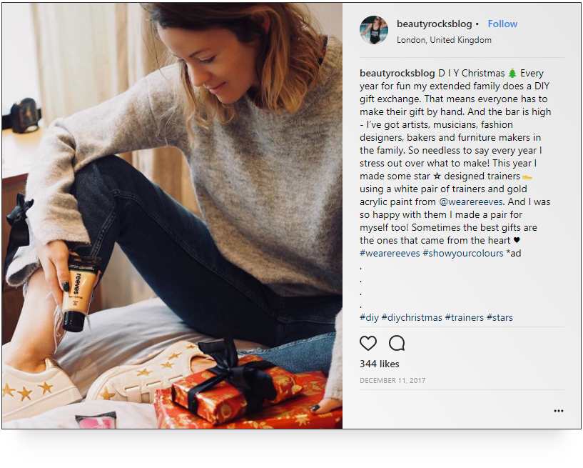screenshot of Instagram post by Beauty blogger Jamie Rocker customizing her shoes with acrylic paint from Reeves. 